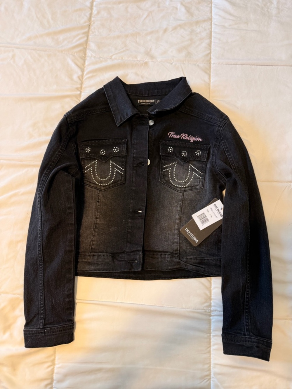 True Religion Black Denim Shirt Jacket with Pink Script NWT